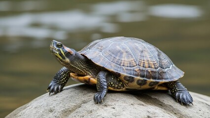 Fototapeta premium Freshwater Turtle Basking on a Rock 