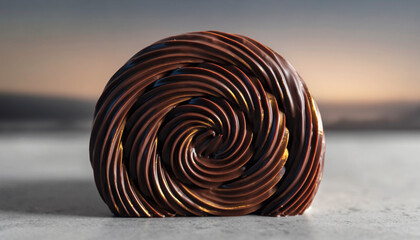 A spiral-shaped wooden sculpture on a serene beach at sunset viewed from the side