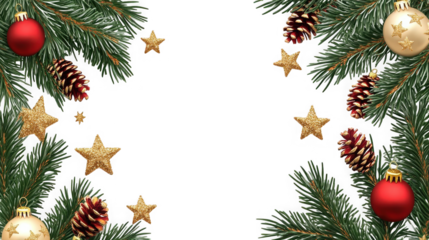 Festive Christmas border frame with evergreen branches ornaments pinecones and sparkling gold stars on black on transparent background
