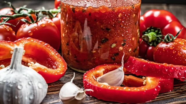 Delicious homemade salsa or marinara sauce in a jar, surrounded by fresh, wet tomatoes, red bell peppers, and garlic cloves.