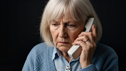 Elderly woman with gray hair, wearing a blue sweater, is speaking on a telephone, showing concern and anxiety about potential telephone scams and cybercrime threats