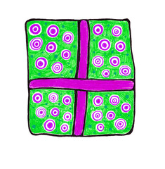 Illustration of gift box in childish drawing style. Green wrap with purple circles and cross ribbon. Hand drawn marker graphic. Ideal for holiday cards, banners, kids themes, decor, packaging design.