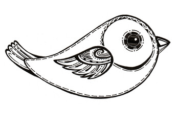 Stylized bird in black and white, hand drawn in Zentangle or doodle style. Ethnic ornament on the wing and eye. Illustration, sketch, perfect for logo, tattoo, coloring book, textile and decor design.