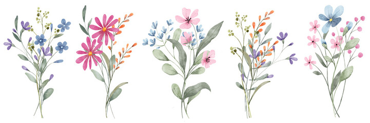 Set watercolor flowers hand painting, floral vintage bouquets with pink and blue wildflowers. Decoration for poster, greeting card, birthday, wedding design. Isolated on white background.