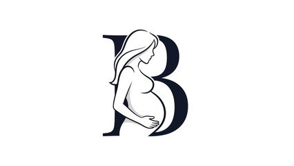 A stylized letter B logo featuring the silhouette of a pregnant woman holding her belly, representing maternity and new life. © pixmastock