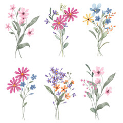 Set watercolor flowers hand painting, floral vintage bouquets with pink and blue wildflowers. Decoration for poster, greeting card, birthday, wedding design. Isolated on white background.