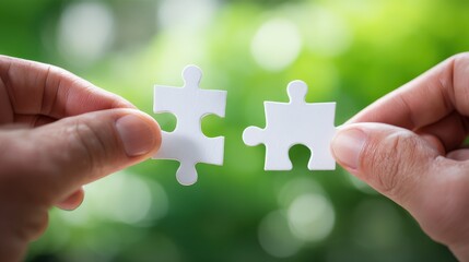 Two hands delicately hold white puzzle pieces about to connect against a vibrant green background.