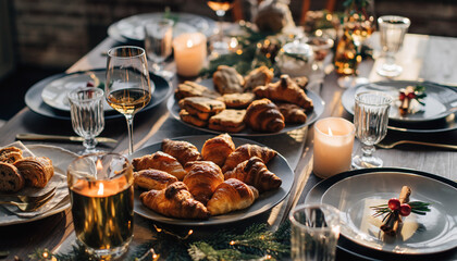 A beautifully set dining table laden with pastries and croissants, illuminated by candles, suggesting a festive gathering or special occasion.