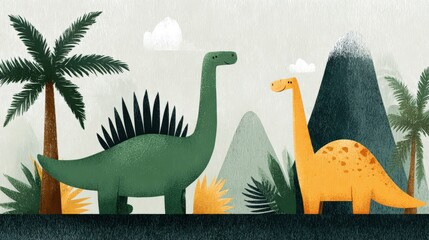 Obraz premium Two charming, stylized long-necked reptiles inhabit a prehistoric landscape with foliage and mountains