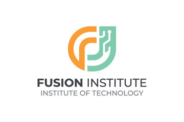 Fototapeta premium Fusion institute logo. Technology symbol with F letter. Modern circuit board design.