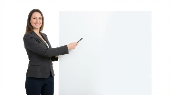 professional businesswoman pointing at a blank whiteboard in a modern office setting