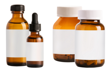 photograph of various amber pharmaceutical and cosmetic bottles, including pill and dropper types, with blank labels.