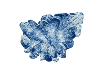 ultra-detailed sapphire blue hexagonal dendritic ice crystal in a hyper-realistic macro shot against a transparent background with ample copy space. concept of perfection nature and microcosm