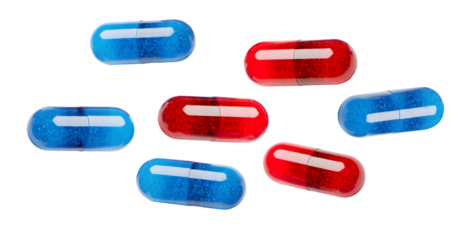 artfully arranged red and blue granular capsules on a dark background, embodying choices and pathways.