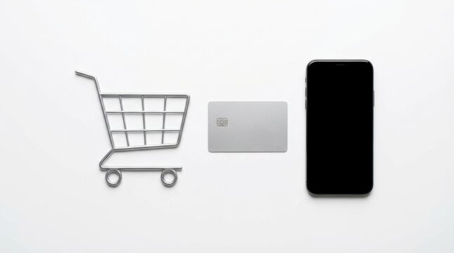 Wireless Mobile Payment Setup with Smartphone Credit Card Chip and Shopping Cart Icon on White Background