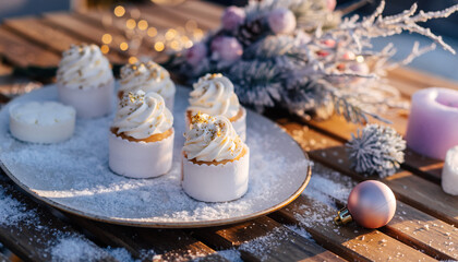 Festive cupcakes dusted with powdered sugar and gold flakes, arranged on a plate with Christmas decorations.