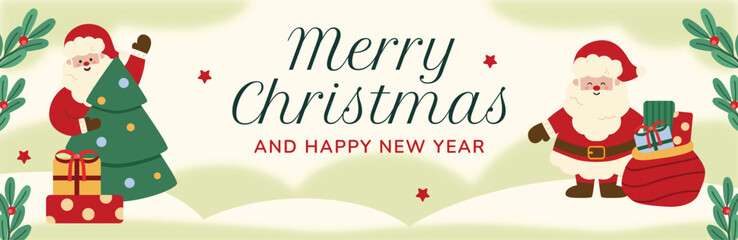 Cute Christmas Banner with Santa, Tree, Mistletoe and Gift Illustration