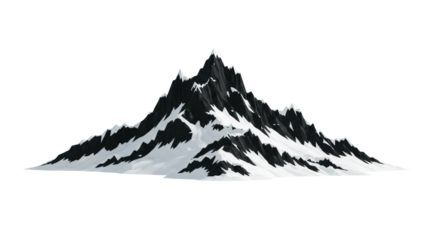 highly stylized geometric matte black and white mountain range with jagged peaks suspended against transparent with copy space, panoramic view, concept of severe elegance and bold simplicity