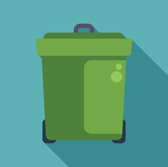 Green garbage bin on wheels for waste management with flat design