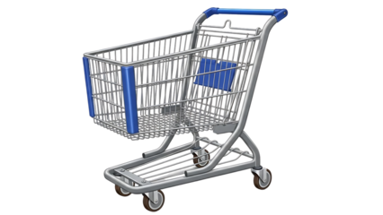 Silver shopping cart with blue handle isolated on transparent background