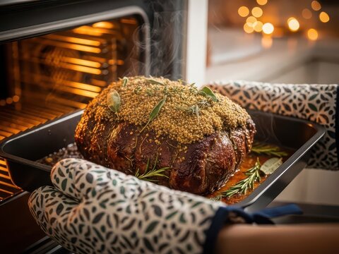 Roast beef with herbs and mustard seeds being removed from a hot oven