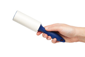 Woman holding lint roller isolated on white background. Top view