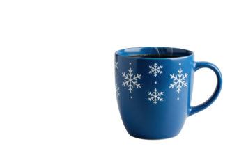 oversized matte cobalt blue ceramic mug with delicate white snowflake pattern filled with steaming beverage, isolated on a high-key transparent background with copy space, clean product photography