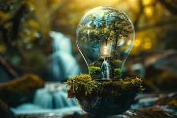 Surreal light bulb with miniature forest and waterfall inside nature concept