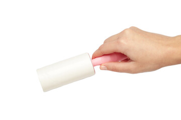 Woman holding lint roller isolated on white background. Top view