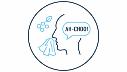Sneezing Man with Pollen Allergy Line Icon, Respiratory Virus and Cold Prevention Graphic, Ah-Choo! Sneeze and Tissue Symbol