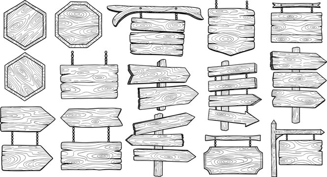 Hand-drawn wooden signboard vector set, rustic arrows, blank wood signs, directional markers, post-mounted boards, textured grain, outdoor signage
