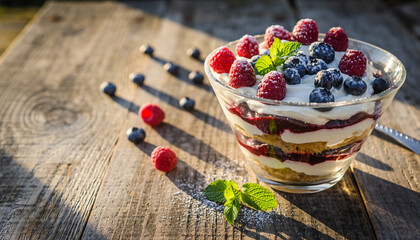 Delicious layered dessert with fresh berries and cream in a glass bowl on a rustic wooden table bathed in warm sunlight.