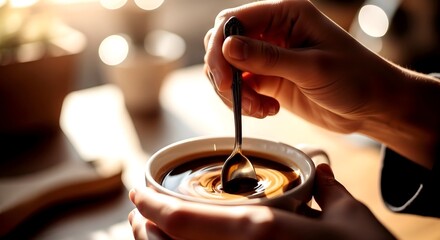 Warm Morning Coffee: Stirring Brew with Sunlight and Gentle Hand