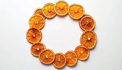 “Symmetrical ring of 15 orange slices on white background, vibrant citrus display with inner segments visible”
