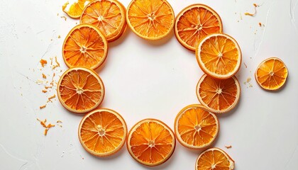 “Symmetrical ring of 15 orange slices on white background, vibrant citrus display with inner segments visible”
