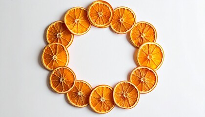 “Symmetrical ring of 15 orange slices on white background, vibrant citrus display with inner segments visible”