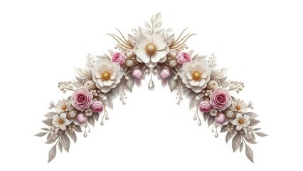 Luxurious floral decorative arch with white and pink roses and golden pearl details 