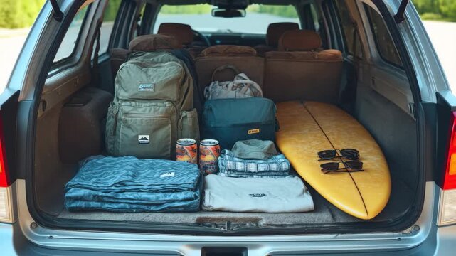 Preparing for a beach day with surfboard, snacks, and essentials in the back of an SUV at sunset