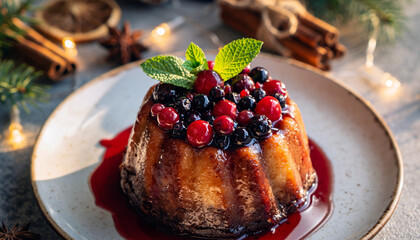 A festive bundt cake topped with fresh berries and mint, drizzled with a rich berry sauce.