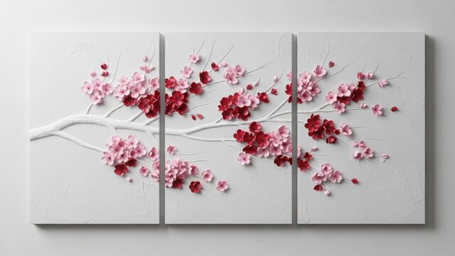 Cherry blossom branch wall art triptych with pink and red flowers on minimal textured background