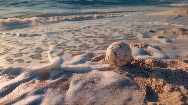 Ball half submerged in gentle ocean waves at sunrise