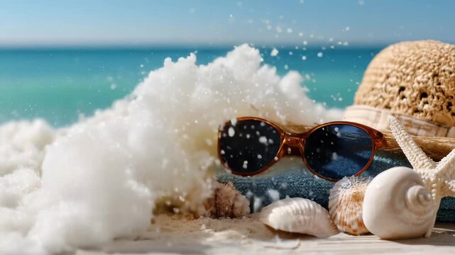 Shells, sunglasses, and a hat on a beach with calm ocean waves in the background during a sunny day