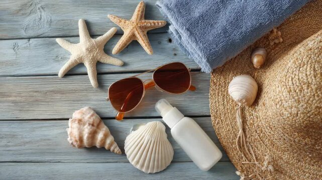 Beach essentials arranged on a wooden surface with starfish, seashells, sunglasses, and sunscreen in a relaxed summer setting