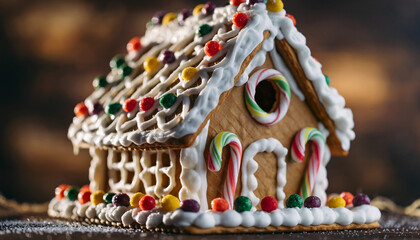 A festive and intricately decorated gingerbread house with colorful candies and white icing, set against a warm, blurred background, evoking a cozy holiday spirit.