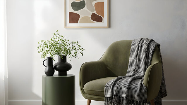 A modern armchair in olive green is draped with a black and white throw next to a side table with black vases and a green plant