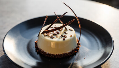 A delicate white dessert with chocolate shavings and curls on a black plate.