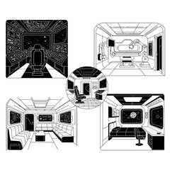 Stunning collection of black and white sci-fi spaceship interior scenes perfect for futuristic projects