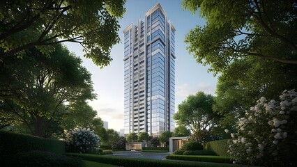 Urban high-rise tower surrounded by dense trees viewed from ground level