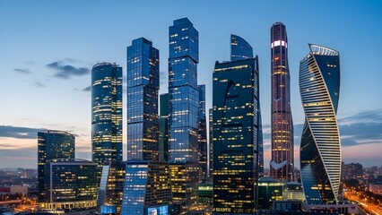 Futuristic metropolitan skyline with illuminated skyscrapers at blue hour