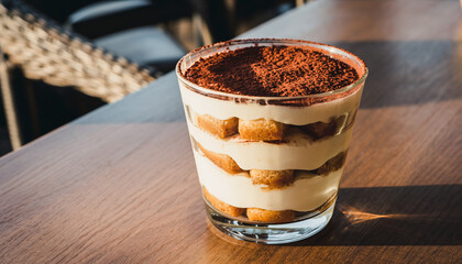 A delicious tiramisu dessert layered with ladyfingers and cream, dusted with cocoa powder, served in a glass.